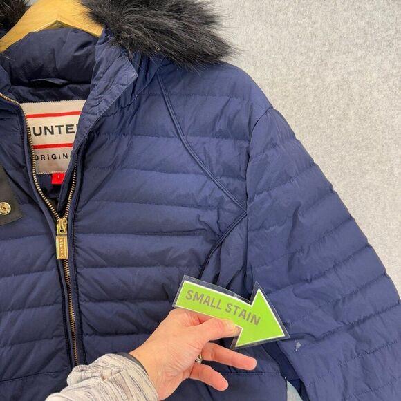 Hunter Women's Size Large Navy Blue Puffer Coat Faux Fur Collar Hood Down Fill - Picture 7 of 16